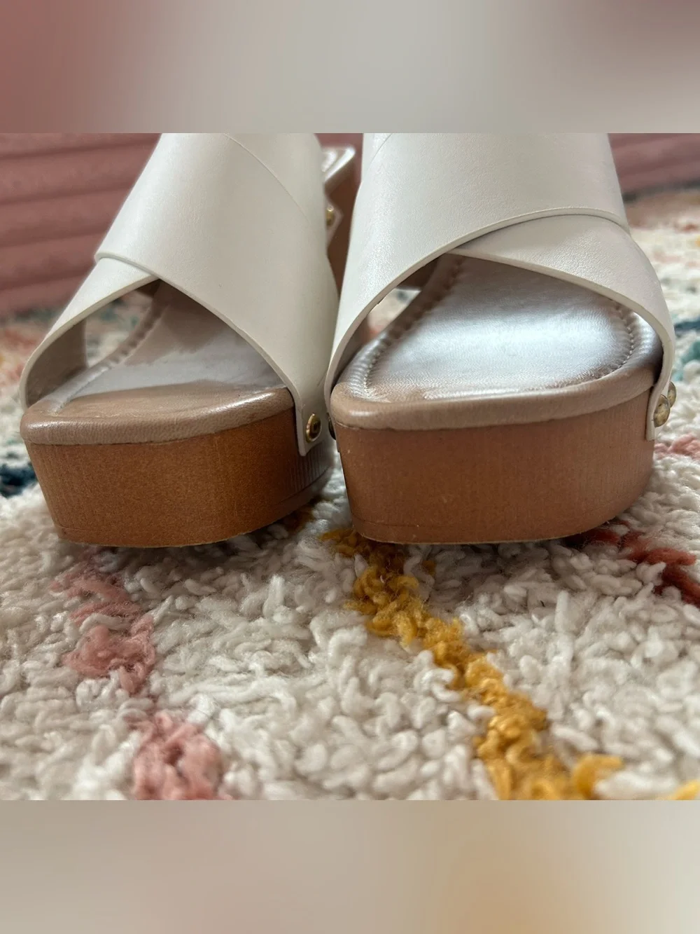 Qupid White Crisscross Platform Sandals with Wood-Effect Heel